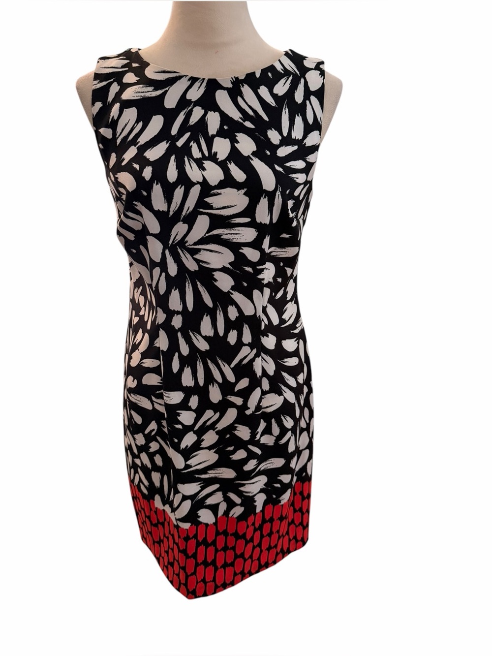 Alyx Size 6 Women’s Sleeveless Black & White Print Sheath Dress Coral Red Hem